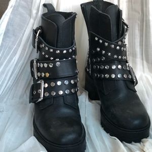 black metallic combat boots